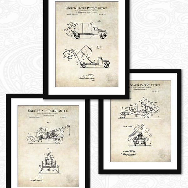 Vintage Work Truck Patent Set | Garbage, Dump & Tow Truck Prints | Industrial Wall Art | Gift for Builder or Mechanic | Kid’s Room Decor