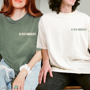 Personalized Roman Numeral T-shirt, Anniversary Date Tee, Matching Couples Shirts, Honeymoon Top, Comfort Colors Custom Valentine&#39;s Tee