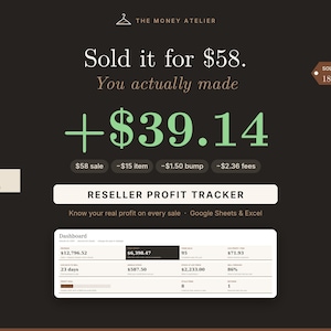 May include: A digital reseller profit tracker dashboard for Google Sheets and Excel. The interface displays a sale summary of $58, a net profit of +$39.14, and a breakdown of costs including item, bump, and fees. A dashboard table shows financial metrics.