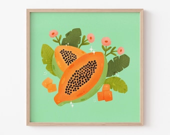 Papaya Art Print: Tropical Fruit & Flower Illustration