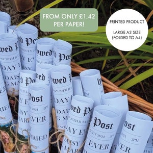 PRINTED custom wedding newspapers, wedding day newspaper, large A3 size, personalised wedding newspaper, wedding program, wedding itinerary.