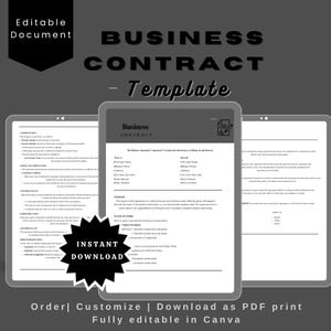 Op de afbeelding: Een zwart-witte afbeelding van een zakelijke contracttemplate. De tekst "Zakelijke contracttemplate" staat bovenaan de afbeelding. De template bevat secties voor "Vergoedingen", "Looptijd en beëindiging", "Uitgaven", "Werkomvang", "Aanvullende clausules", "Onderhandeling en binding", "Geschillenbeslechting", "Toepasselijk recht", "Handtekeningen", "Partij A" en "Partij B".