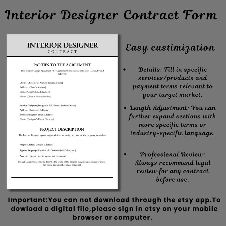 Interior Designer Contract Template: Editable Design Agreement (instant ...