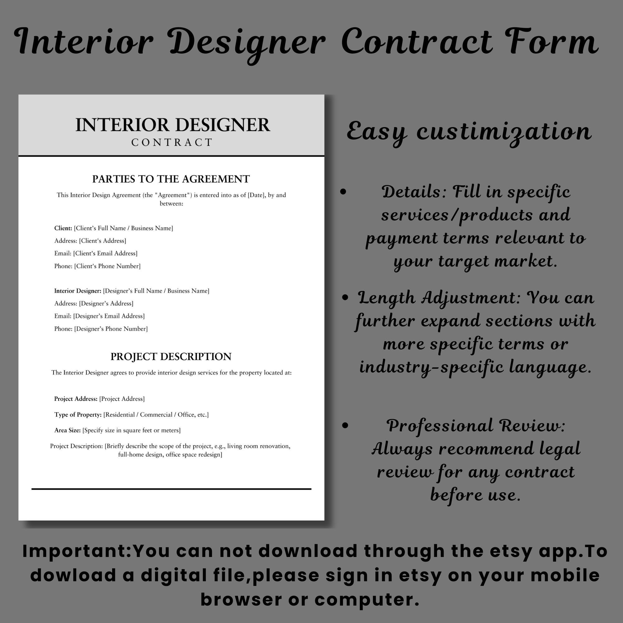 Interior Designer Contract Template: Editable Design Agreement (instant ...