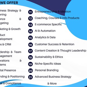 May include: A blue and white graphic lists business services, including strategy, finance, marketing, product development, sales, and leadership. Additional services include e-commerce, AI, data analytics, and content creation. The text "WHAT WE OFFER" is at the top.