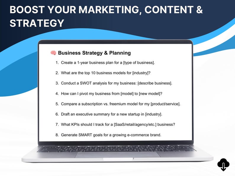 May include: A silver laptop displays a screen with the text "BOOST YOUR MARKETING, CONTENT & STRATEGY." The screen shows a list of business strategy and planning topics, including creating a business plan and conducting a SWOT analysis.