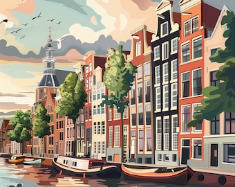 AMSTERDAM TRAVEL POSTER - Amsterdam Holland Poster Print, Trendy Landmark Wall Art, Cityscape Wall Art, Oil Painting Art, Hanging Wall Art