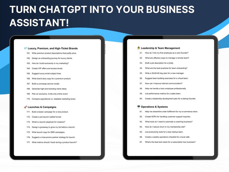 May include: Two black tablets display lists of business-related topics, including "Luxury, Premium, and High-Ticket Brands" and "Leadership & Team Management." The text "TURN CHATGPT INTO YOUR BUSINESS ASSISTANT!" is at the top.