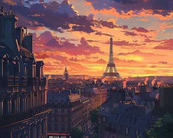 PARIS CITY ART - Sunset Night in Paris, Eiffel Tower Wall Art, Paris Poster, Cityscape Poster, Europe Travel Art, Travel Poster,Travel Print