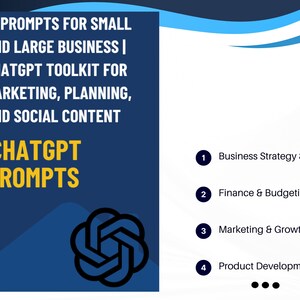 May include: A graphic with text that reads "AI Prompts for Small and Large Business | ChatGPT Toolkit for Marketing, Planning, and Social Content." The image also includes the text "ChatGPT Prompts" and numbered sections for business strategy, finance, marketing, and product development.