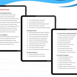 May include: Three black tablets displaying business prompts for strategy, finance, marketing, product development, and luxury brands. The tablets show lists of questions and topics, including business planning, growth strategies, and campaign ideas.