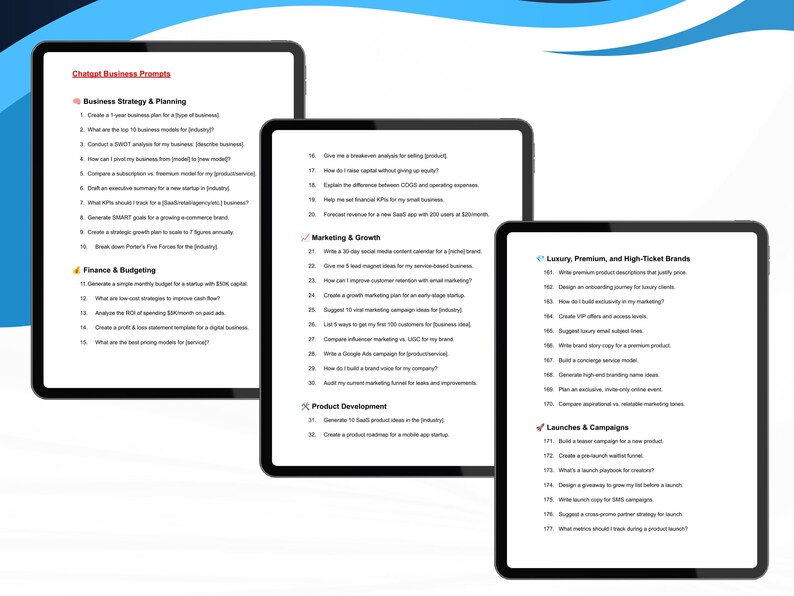 May include: Three black tablets displaying business prompts for strategy, finance, marketing, product development, and luxury brands. The tablets show lists of questions and topics, including business planning, growth strategies, and campaign ideas.
