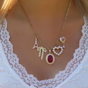French Charm Necklace: Eiffel Tower, Pearl Heart, Gold Plated