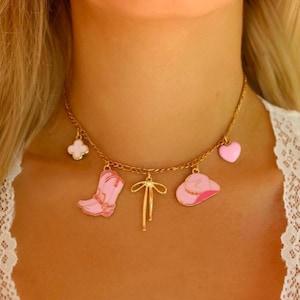 Pink Cowgirl Charm Necklace: Western Style Stainless Steel Jewelry