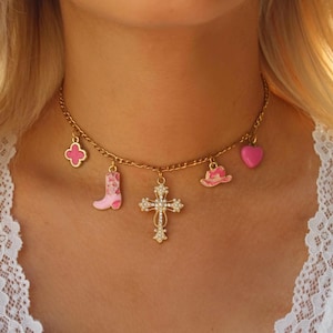Pink Cowgirl Charm Necklace: Western Style Gold Jewelry