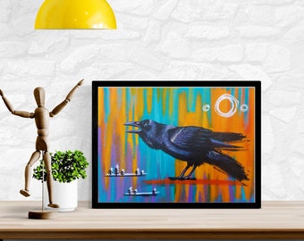 Scrëm, 12x9 giclée print, raven painting, crow painting, nature art