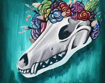 Apollonia -- 12x12 photographic print, skull painting, floral art, nature art, witchy vibes.