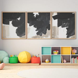 Set of 3 Neutral Nordic Abstract Modern Gallery Prints, Modern Abstract Art, Beige and Black Japanese Abstract Art, Printable Abstract Art.