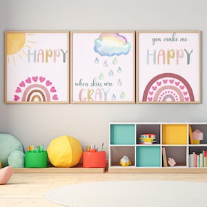 Set of 3 Boho Rainbow Nursery Prints, Nursery Wall Art Girl Nursery Decor Happy Affirmation Wall Prints Rainbow Sun Print, Nursery Decor