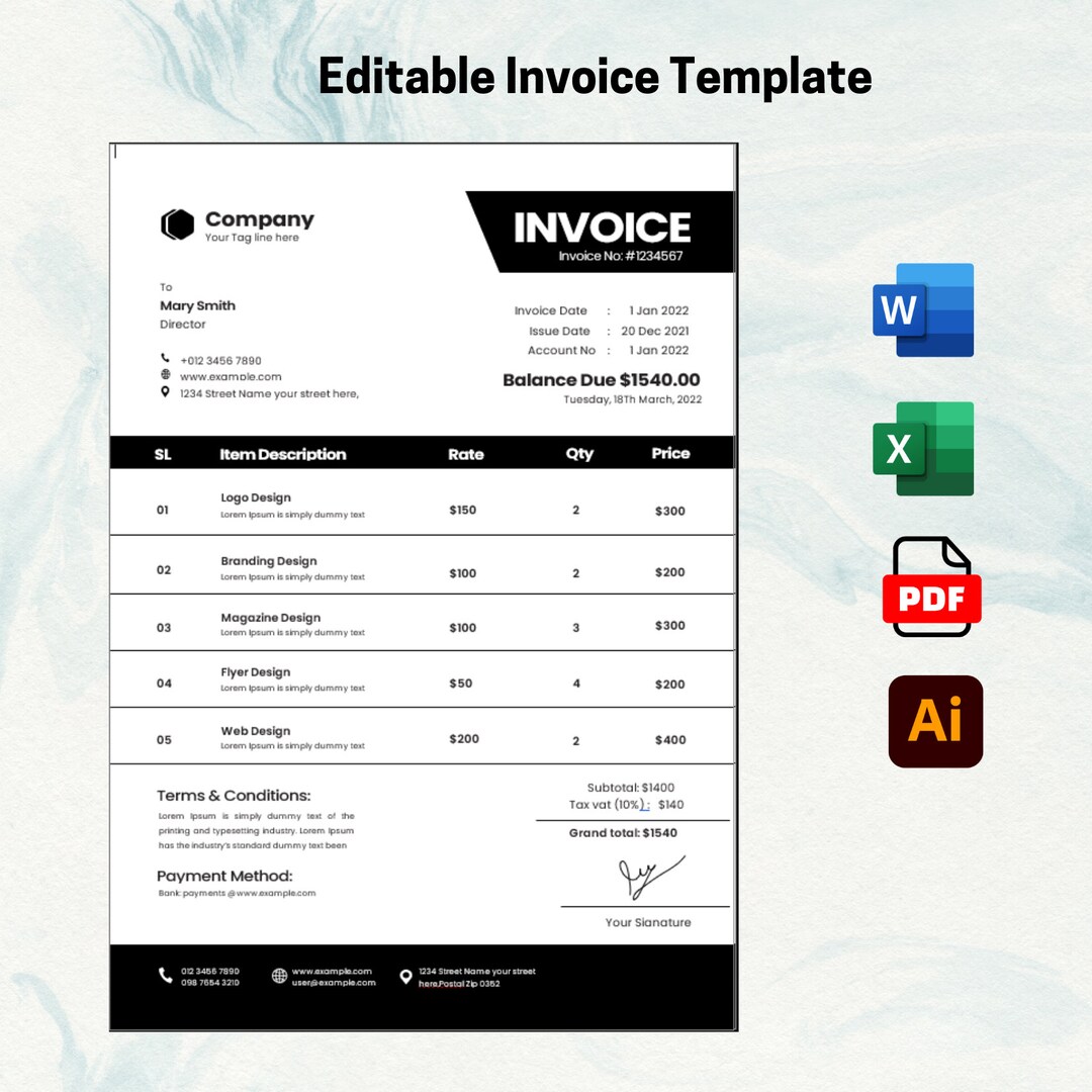 Minimalist Invoice Template for Small Business (pdf/excel/word) - Etsy