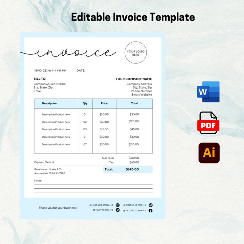 Invoice In Cursive Invoice Template Pdf/word. Minimalistic Small Business Invoice ,invoice ...