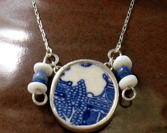 Vintage Broken China Ceramic Shard Necklace, Sterling Silver, Stone Beads, Japanese Pattern