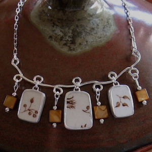 Vintage Broken China Ceramic Shards Necklace, Sterling Silver, Beads, &quot;Autumn&#39;s Delight&quot;