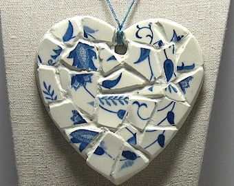 Unique, One of a Kind Vintage Dish Shards Hanging Decoration/Ornament, "Blue Onion" Pattern, Heart Shaped Wood Base 4" x 4", Blue Cord