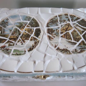 Vintage Broken China Ceramic Shards Nostalgic Scenes of Winter Dishes and &quot;Cottage Chic&quot; Painted Box
