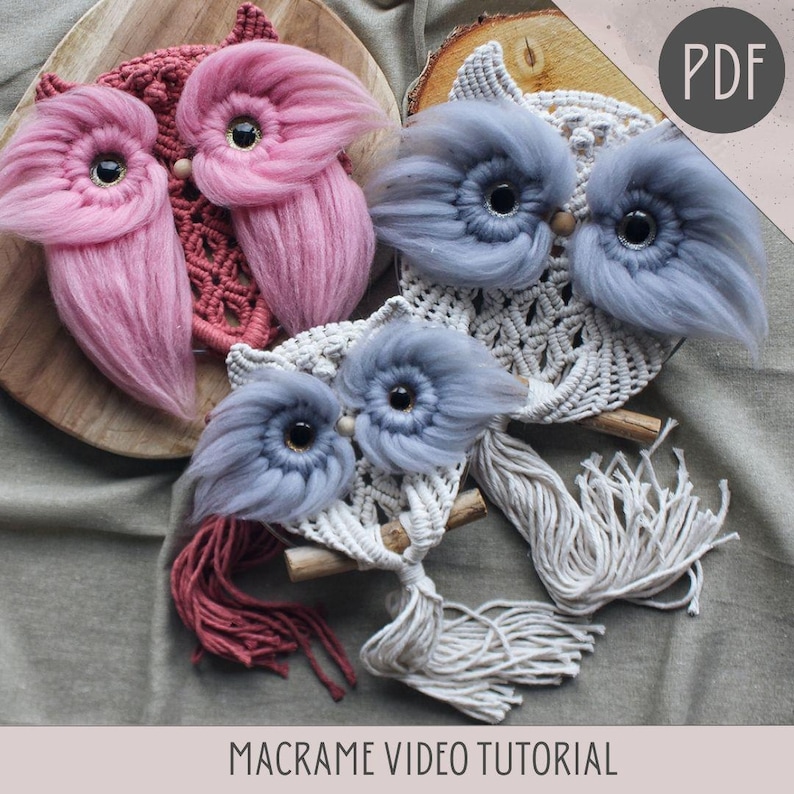 May include: Three macrame owl wall hangings, one pink, one blue, and one white with blue accents. Each owl has a fringe of yarn hanging from the bottom.