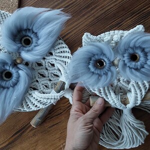 May include: Two macrame owl wall hangings with blue yarn accents. The owls have large, round eyes and are made with white and blue yarn.