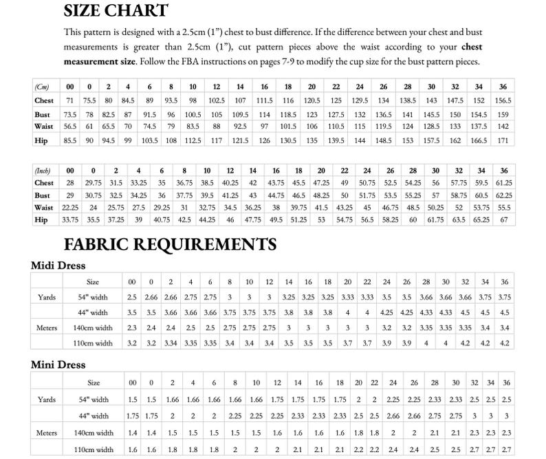 May include: A size chart for a sewing pattern, showing measurements in inches and yards for different sizes. The chart includes measurements for the chest, bust, waist, and hip, as well as fabric requirements for a midi dress and a mini dress.