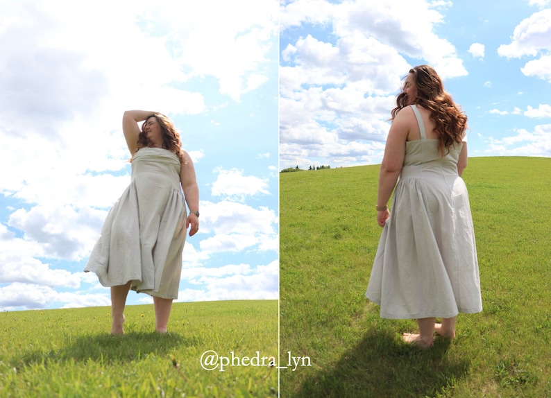 May include: A woman wearing a light-colored linen dress stands in a field with a blue sky and white clouds in the background. The dress has a simple, flowy design and is perfect for a summer day. The woman is smiling and looks happy. The image is captioned with the text "@phedralyn".