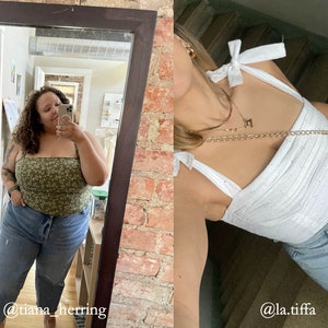 May include: Two women wearing different tops and jeans. The woman on the left is wearing a green floral print top and blue jeans. The woman on the right is wearing a white top with a bow and blue jeans. The text "@tiana_herring" is at the bottom of the image on the left and "@la.tiffa" is at the bottom of the image on the right.
