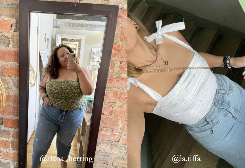 May include: Two women wearing different tops and jeans. The woman on the left is wearing a green floral print top and blue jeans. The woman on the right is wearing a white top with a bow and blue jeans. The text "@tiana_herring" is at the bottom of the image on the left and "@la.tiffa" is at the bottom of the image on the right.
