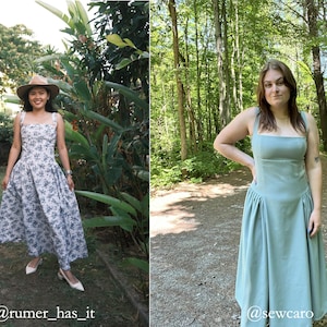 May include: Two women wearing summer dresses. The woman on the left is wearing a white floral dress with a brown hat. The woman on the right is wearing a light blue dress. The image includes the text "@rumer_has_it" and "@sewcaro".