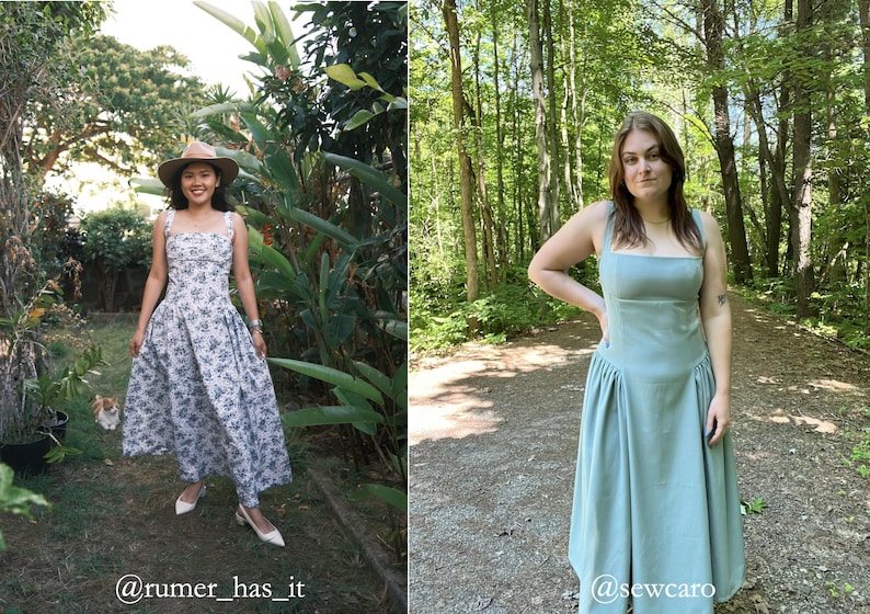May include: Two women wearing summer dresses. The woman on the left is wearing a white floral dress with a brown hat. The woman on the right is wearing a light blue dress. The image includes the text "@rumer_has_it" and "@sewcaro".
