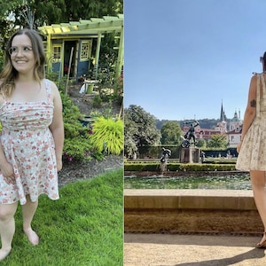 May include: Two women wearing floral print dresses. The woman on the left is standing in a garden with green grass and flowers. The woman on the right is standing in front of a fountain with a view of a city in the background.