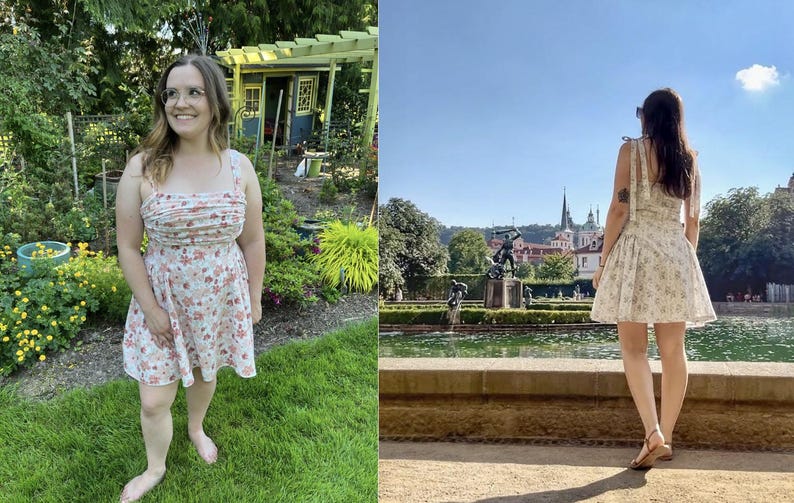 May include: Two women wearing floral print dresses. The woman on the left is standing in a garden with green grass and flowers. The woman on the right is standing in front of a fountain with a view of a city in the background.