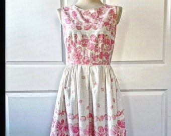 1950s Pink and White Floral Day Dress