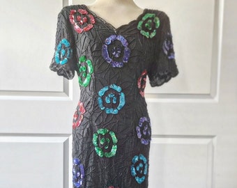 1980s Floral Beaded Cocktail Dress