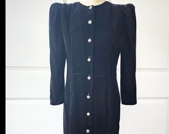 1980s Black Velvet Dress with Rhinestone Buttons