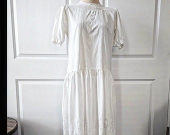 White Cotton and Lace Victorian Style Drop Waist Dress