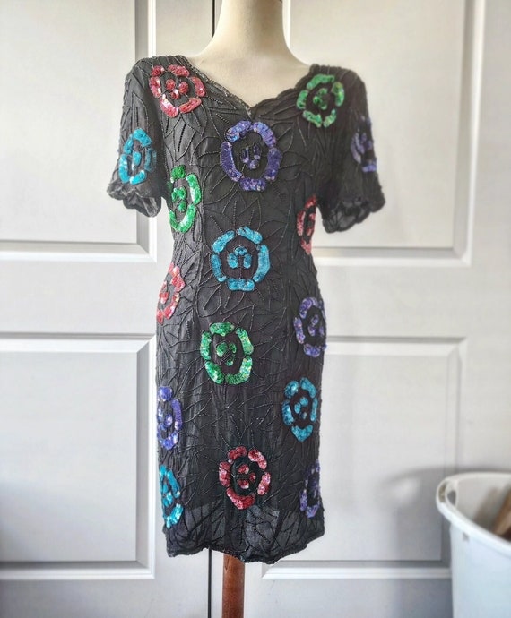 1980s Floral Beaded Cocktail Dress - image 1