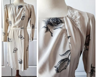 Taupe and Black Floral Print 100% Silk Dress