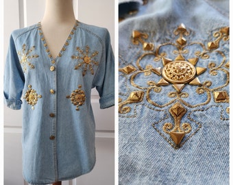 1990s Lightwash Denim Shirt with Gold Embroidery and Studs