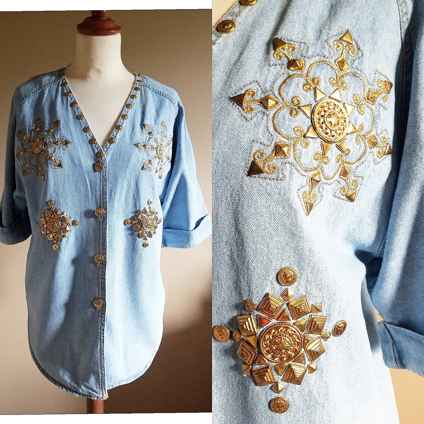 Lightwash Denim Shirt With Gold Studs and Embroidery - Etsy