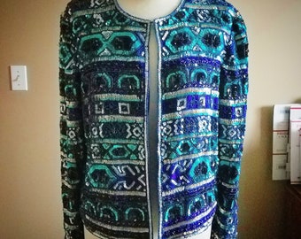 Gorgeous Royal Blue and Real Sequins and Beaded Evening Jacket