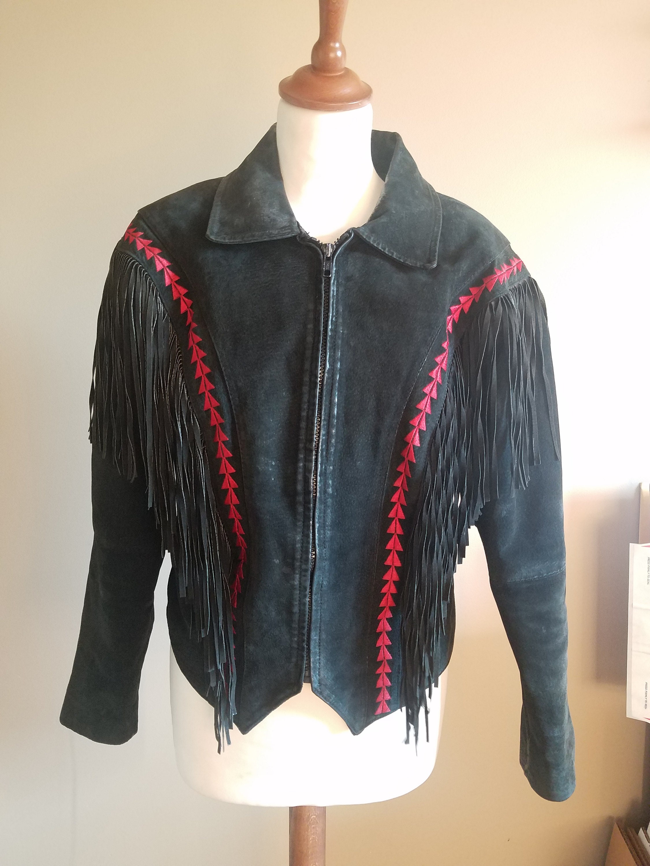 Black Suede and Fringe Rocker Western Jacket With Red Etsy