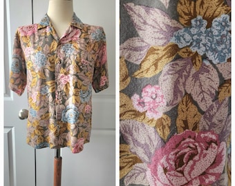 1980's Outback Red Floral Print Short Sleeve Button Up Shirt